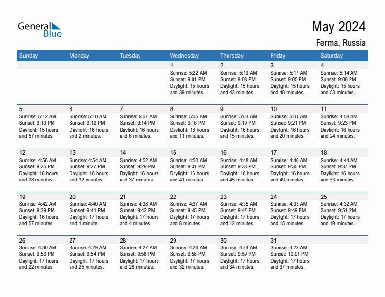 Ferma May 2024 sunrise and sunset calendar in PDF, Excel, and Word