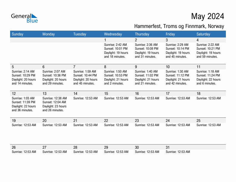 Hammerfest May 2024 sunrise and sunset calendar in PDF, Excel, and Word