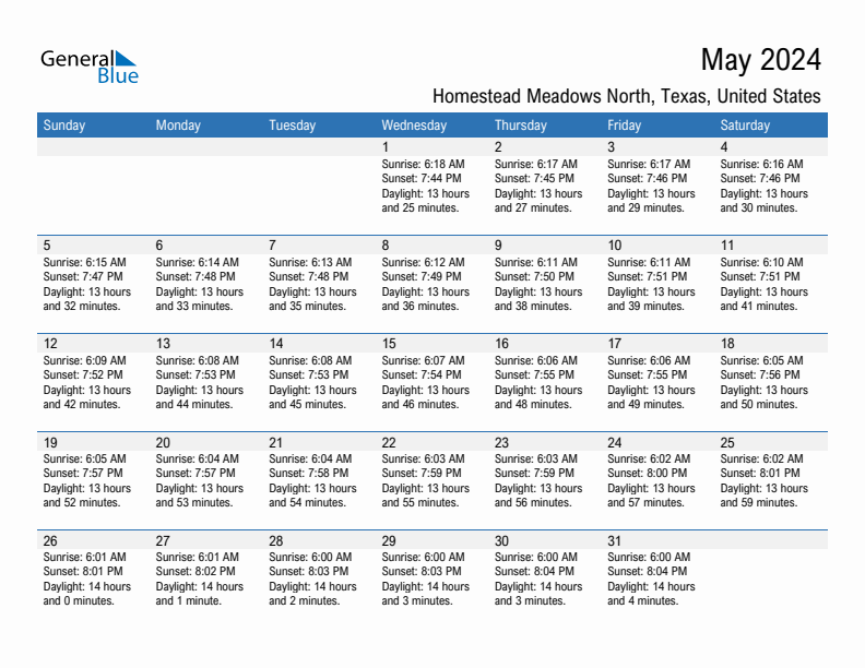 Homestead Meadows North May 2024 sunrise and sunset calendar in PDF, Excel, and Word