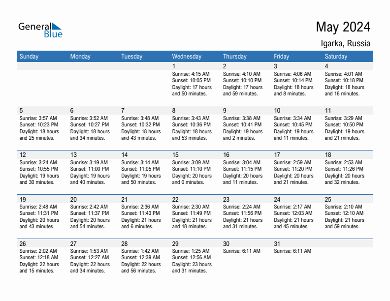 Igarka May 2024 sunrise and sunset calendar in PDF, Excel, and Word