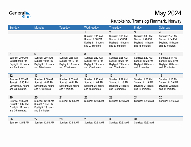 Kautokeino May 2024 sunrise and sunset calendar in PDF, Excel, and Word