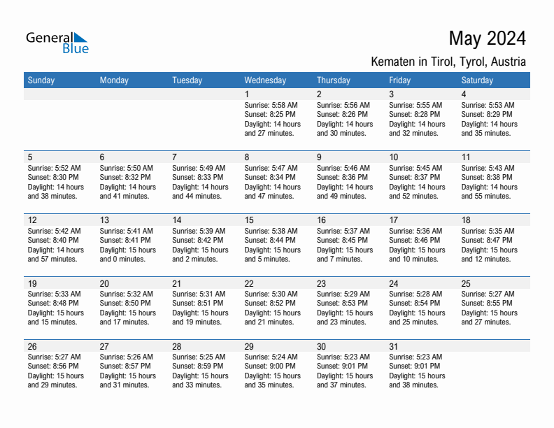 Kematen in Tirol May 2024 sunrise and sunset calendar in PDF, Excel, and Word