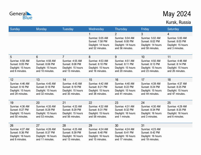 Kursk May 2024 sunrise and sunset calendar in PDF, Excel, and Word