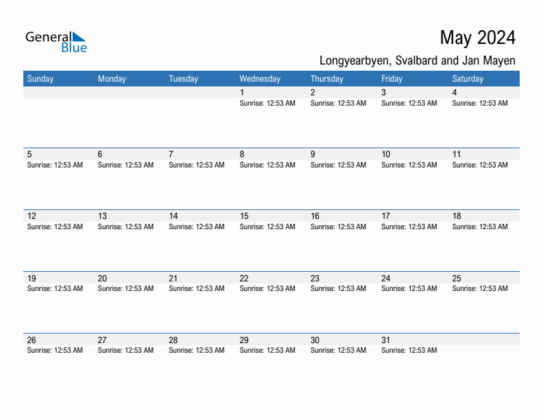 Longyearbyen May 2024 sunrise and sunset calendar in PDF, Excel, and Word