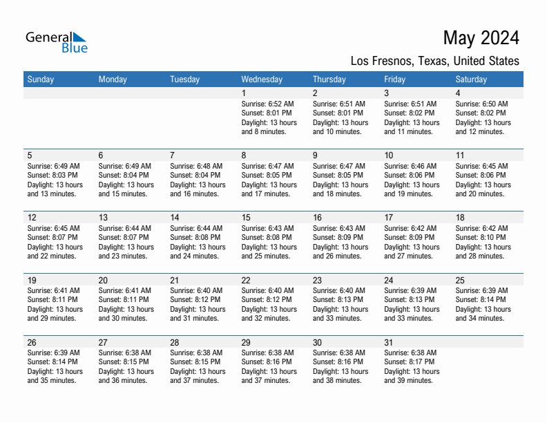 Los Fresnos May 2024 sunrise and sunset calendar in PDF, Excel, and Word