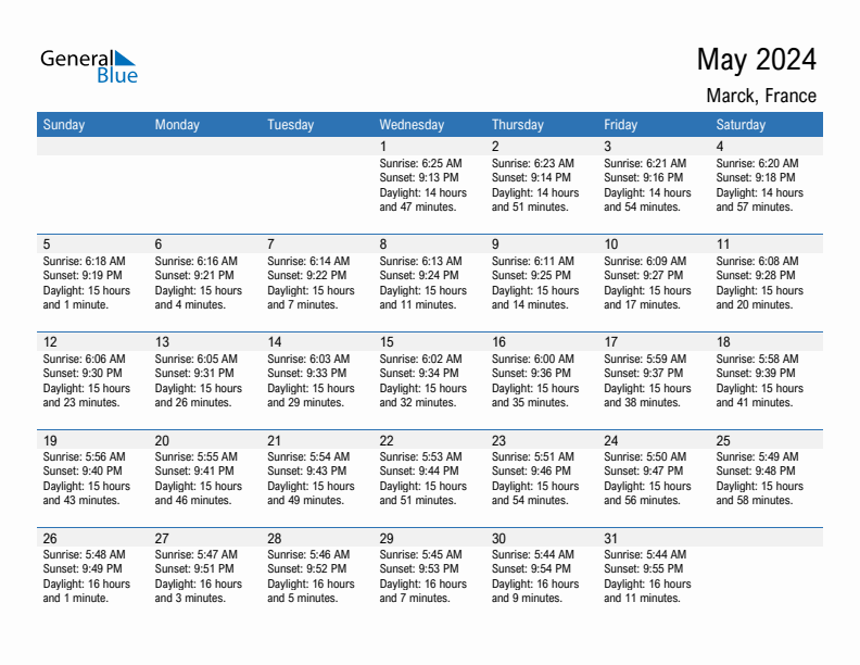 Marck May 2024 sunrise and sunset calendar in PDF, Excel, and Word