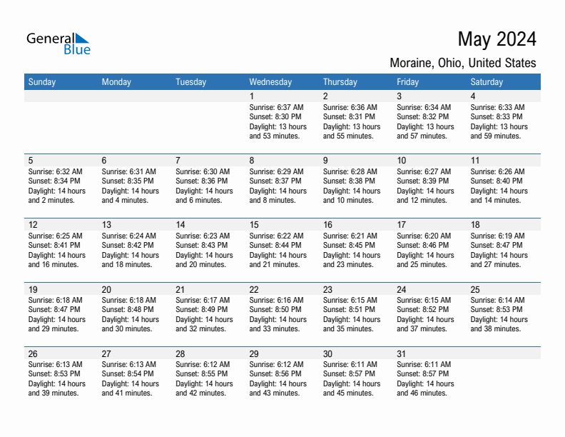 Moraine May 2024 sunrise and sunset calendar in PDF, Excel, and Word