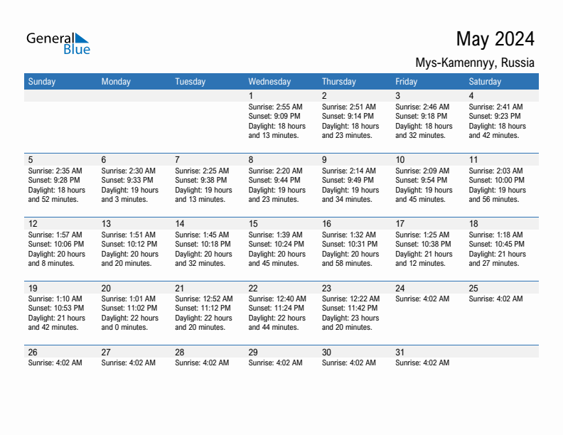 Mys-Kamennyy May 2024 sunrise and sunset calendar in PDF, Excel, and Word