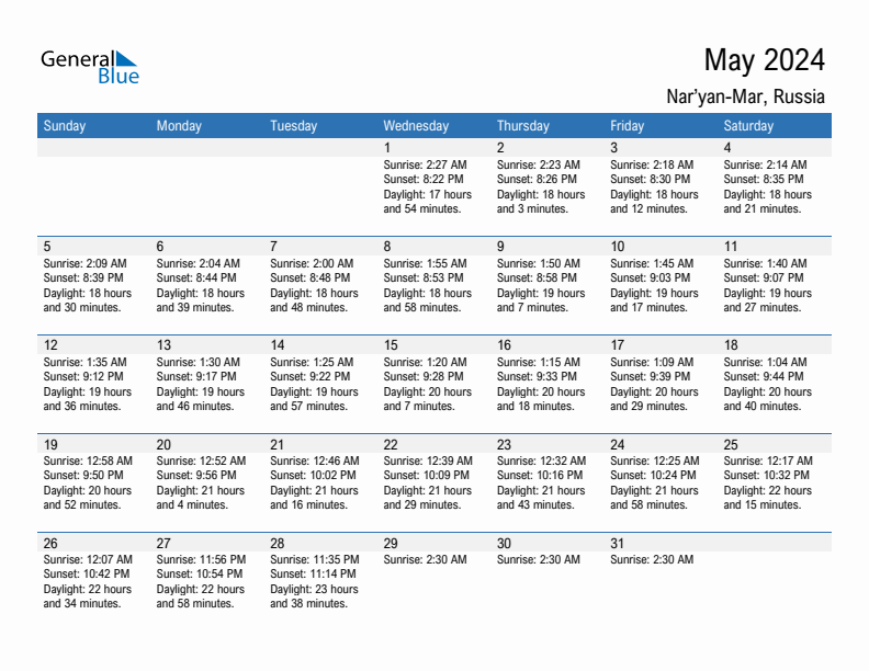 Nar'yan-Mar May 2024 sunrise and sunset calendar in PDF, Excel, and Word