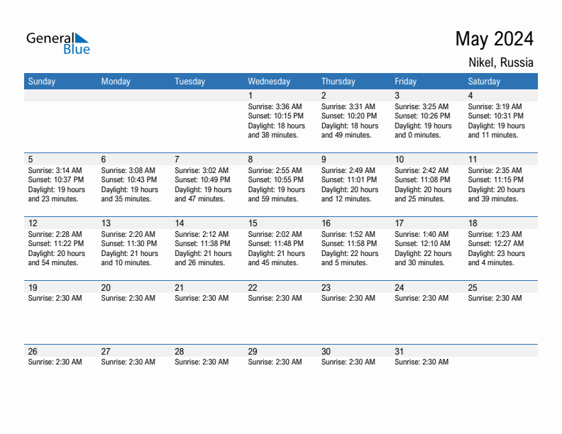 Nikel May 2024 sunrise and sunset calendar in PDF, Excel, and Word