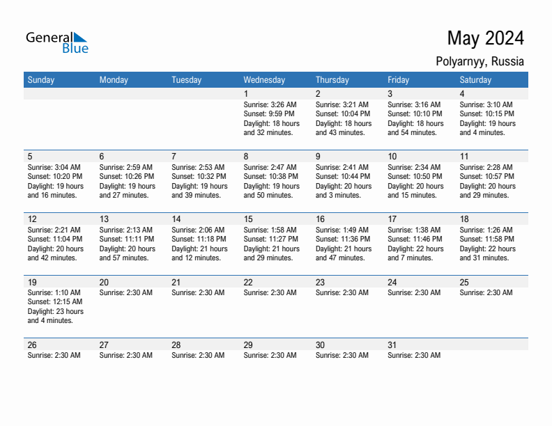 Polyarnyy May 2024 sunrise and sunset calendar in PDF, Excel, and Word