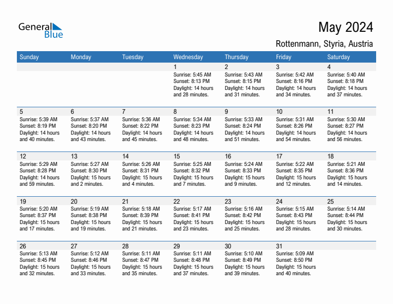 Rottenmann May 2024 sunrise and sunset calendar in PDF, Excel, and Word