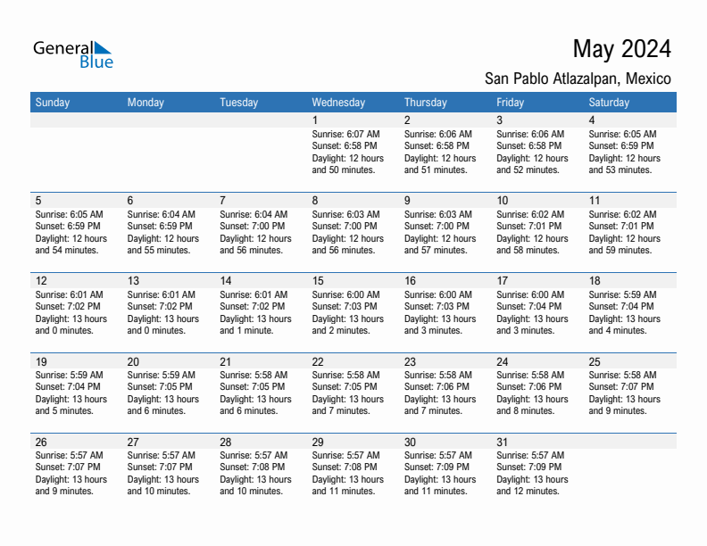 San Pablo Atlazalpan May 2024 sunrise and sunset calendar in PDF, Excel, and Word