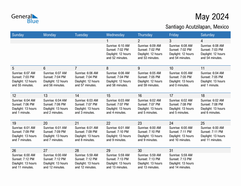 Santiago Acutzilapan May 2024 sunrise and sunset calendar in PDF, Excel, and Word