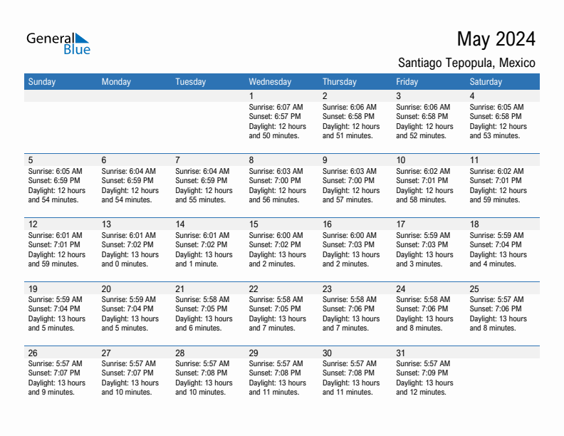 Santiago Tepopula May 2024 sunrise and sunset calendar in PDF, Excel, and Word