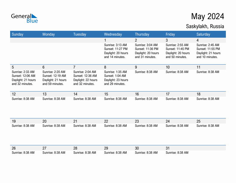 Saskylakh May 2024 sunrise and sunset calendar in PDF, Excel, and Word