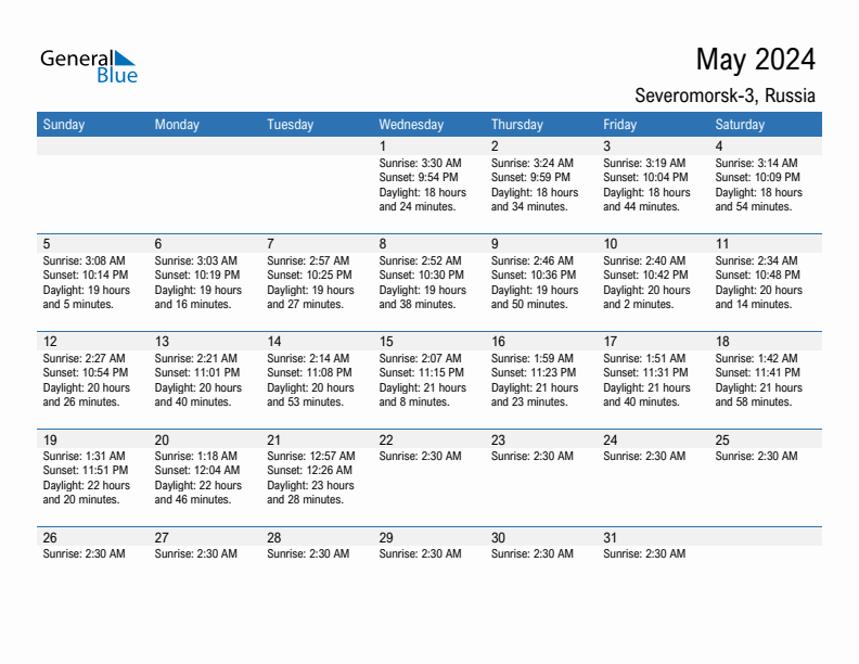 Severomorsk-3 May 2024 sunrise and sunset calendar in PDF, Excel, and Word