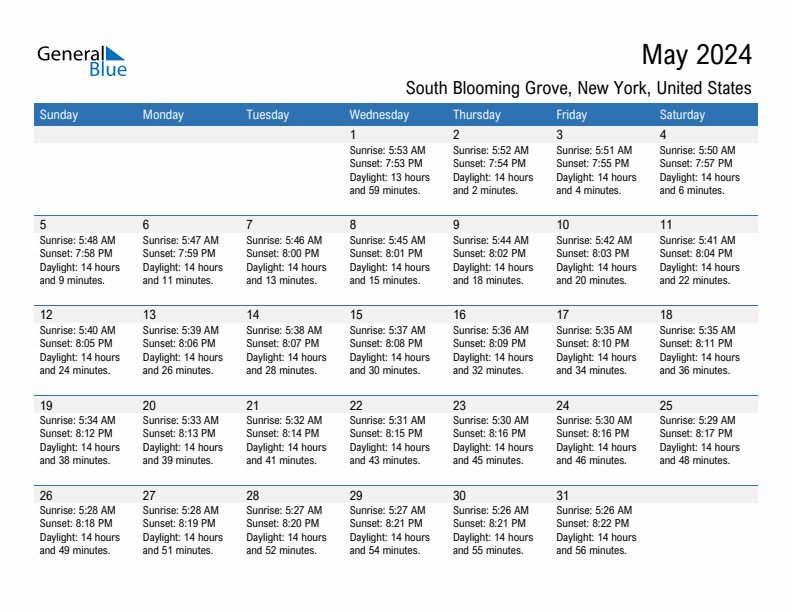 South Blooming Grove May 2024 sunrise and sunset calendar in PDF, Excel, and Word