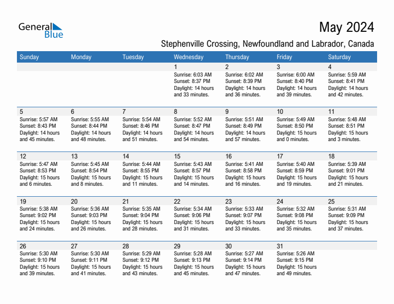 Stephenville Crossing May 2024 sunrise and sunset calendar in PDF, Excel, and Word