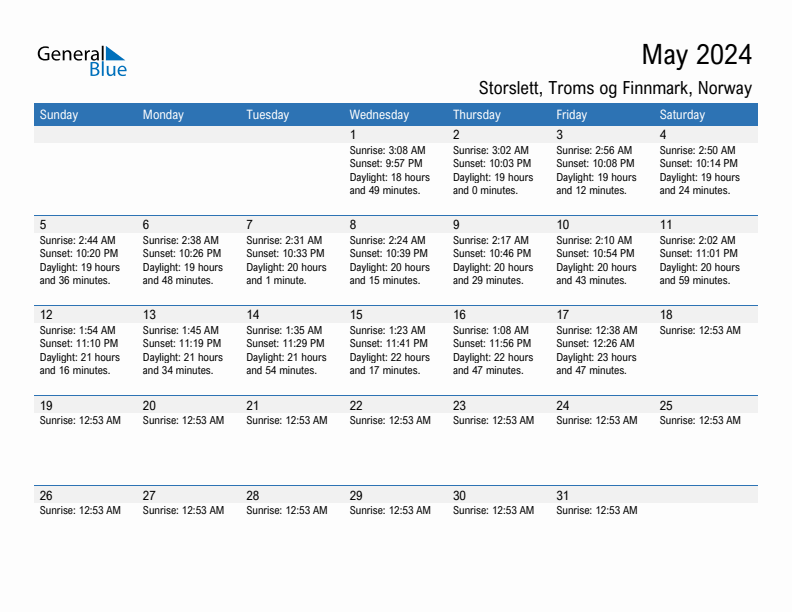 Storslett May 2024 sunrise and sunset calendar in PDF, Excel, and Word