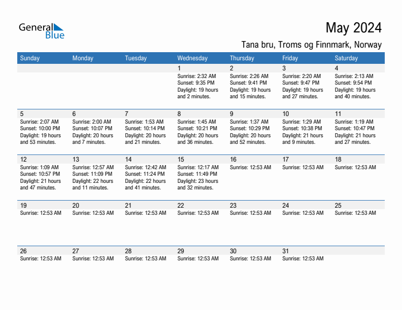 Tana bru May 2024 sunrise and sunset calendar in PDF, Excel, and Word