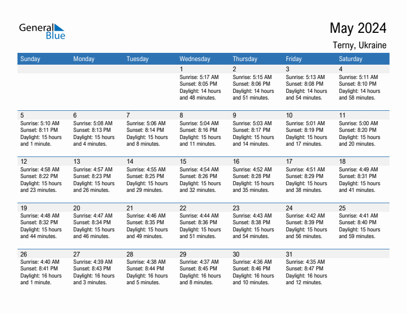 Terny May 2024 sunrise and sunset calendar in PDF, Excel, and Word