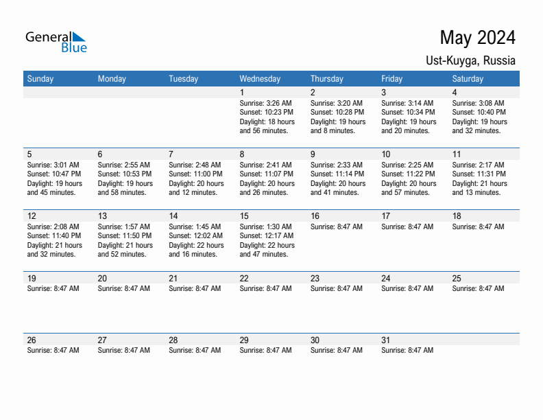 Ust-Kuyga May 2024 sunrise and sunset calendar in PDF, Excel, and Word