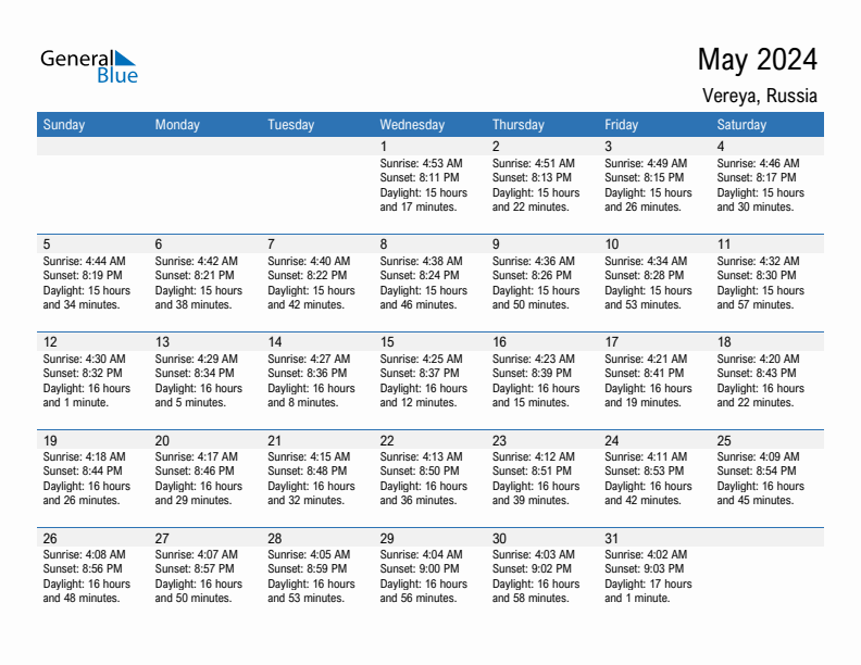 Vereya May 2024 sunrise and sunset calendar in PDF, Excel, and Word