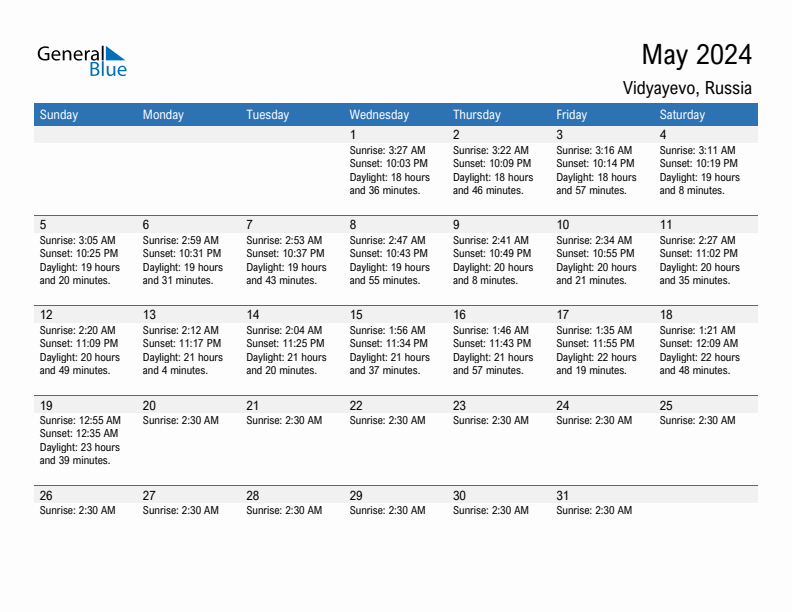 Vidyayevo May 2024 sunrise and sunset calendar in PDF, Excel, and Word