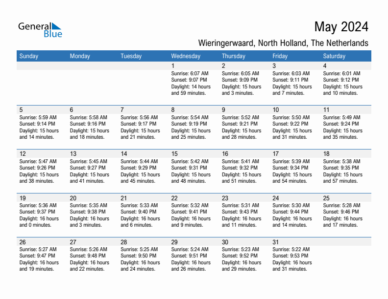 Wieringerwaard May 2024 sunrise and sunset calendar in PDF, Excel, and Word