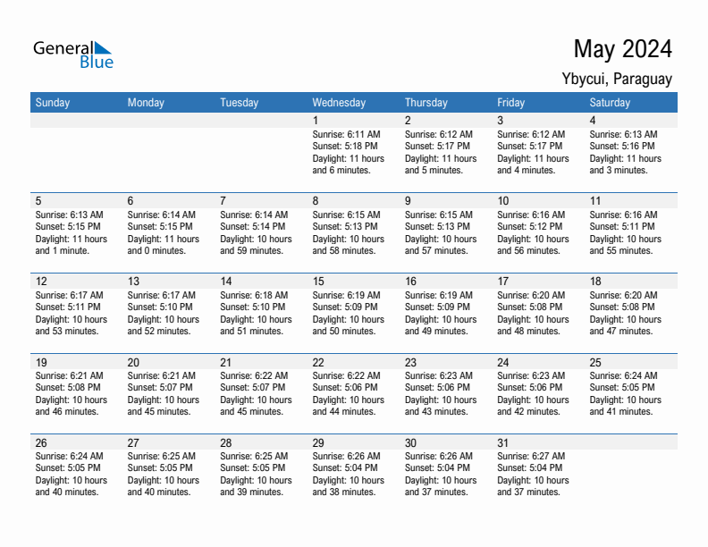 Ybycui May 2024 sunrise and sunset calendar in PDF, Excel, and Word