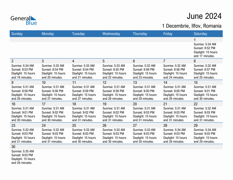 1 Decembrie June 2024 sunrise and sunset calendar in PDF, Excel, and Word