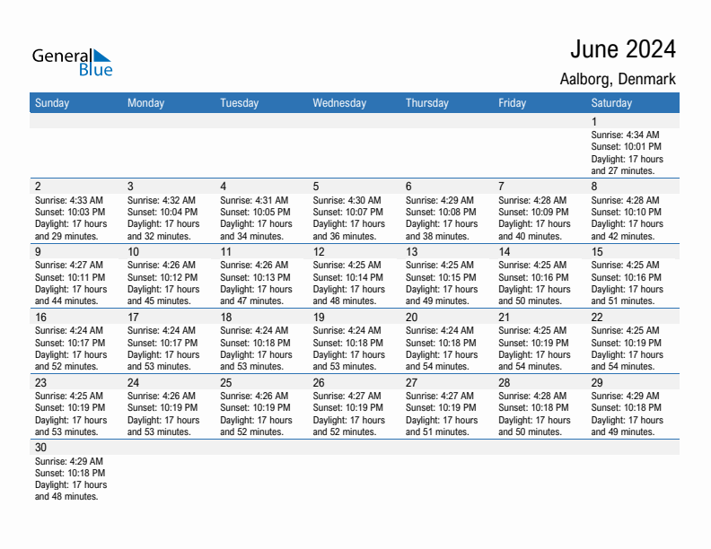 Aalborg June 2024 sunrise and sunset calendar in PDF, Excel, and Word