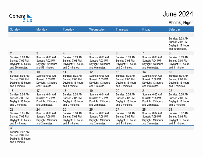 Abalak June 2024 sunrise and sunset calendar in PDF, Excel, and Word