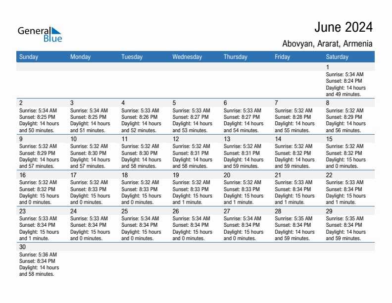 Abovyan June 2024 sunrise and sunset calendar in PDF, Excel, and Word