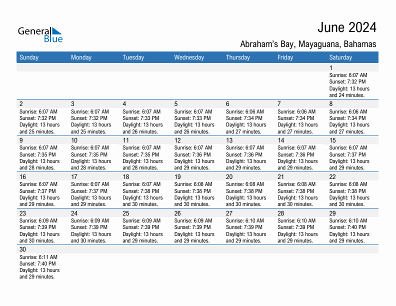 Abraham's Bay June 2024 sunrise and sunset calendar in PDF, Excel, and Word