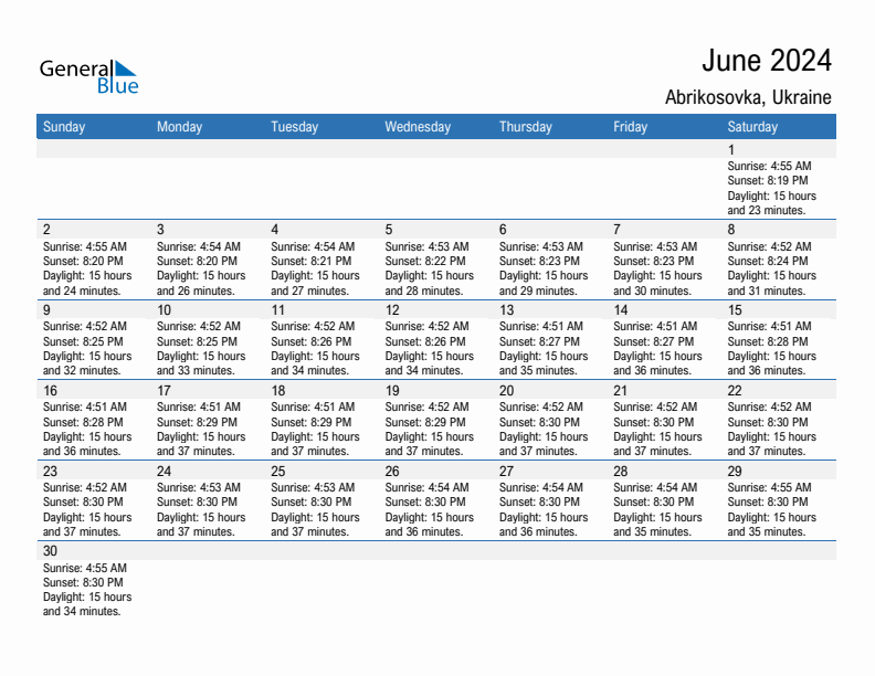 Abrikosovka June 2024 sunrise and sunset calendar in PDF, Excel, and Word