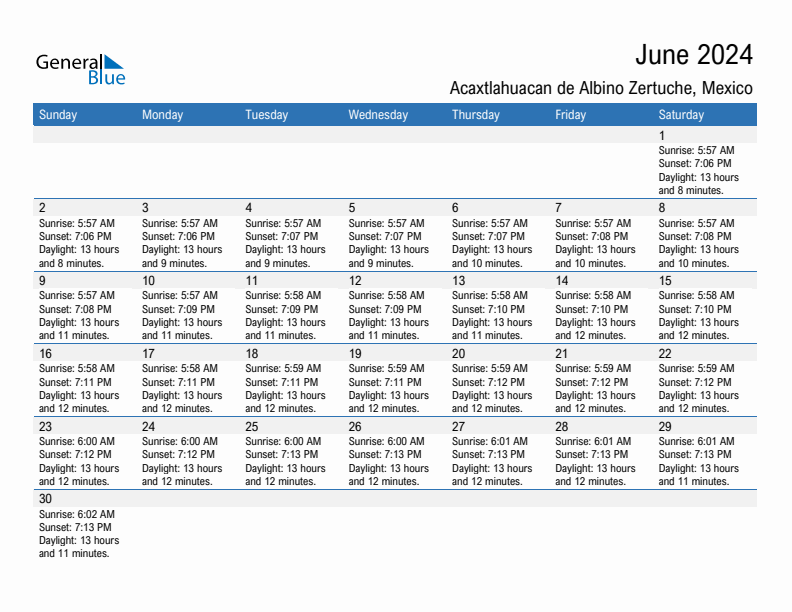 Acaxtlahuacan de Albino Zertuche June 2024 sunrise and sunset calendar in PDF, Excel, and Word