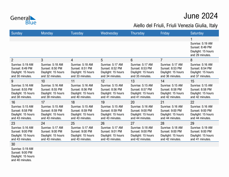 Aiello del Friuli June 2024 sunrise and sunset calendar in PDF, Excel, and Word