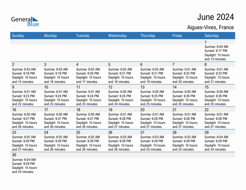 Aigues-Vives June 2024 sunrise and sunset calendar in PDF, Excel, and Word