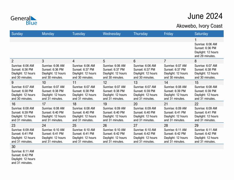 Akowebo June 2024 sunrise and sunset calendar in PDF, Excel, and Word