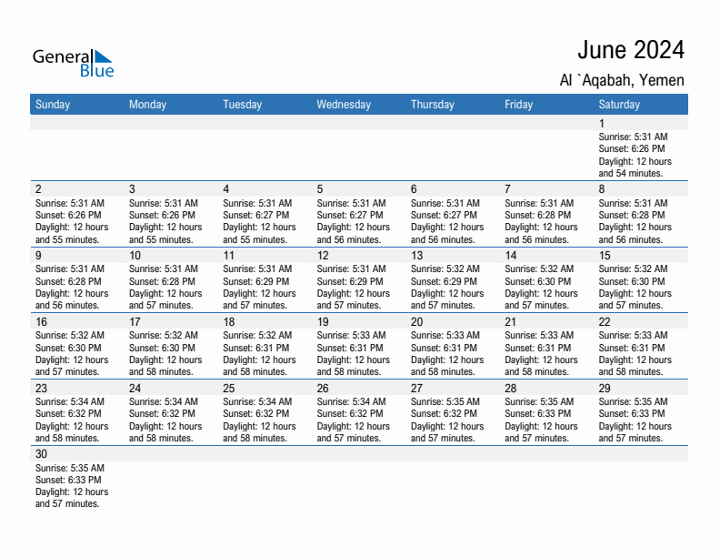 Al `Aqabah June 2024 sunrise and sunset calendar in PDF, Excel, and Word