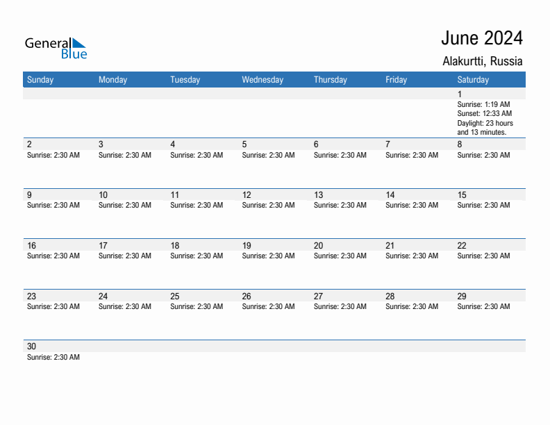 Alakurtti June 2024 sunrise and sunset calendar in PDF, Excel, and Word