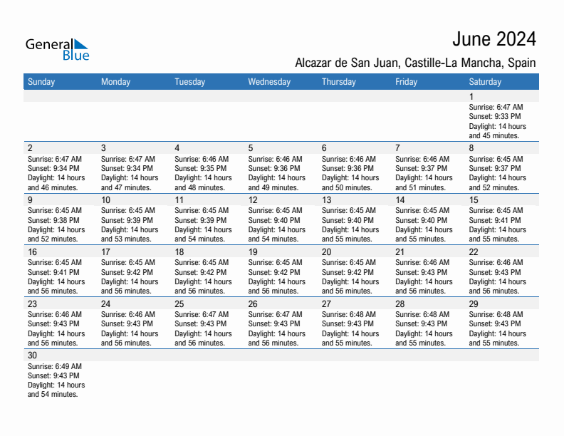 Alcazar de San Juan June 2024 sunrise and sunset calendar in PDF, Excel, and Word