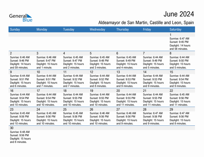 Aldeamayor de San Martin June 2024 sunrise and sunset calendar in PDF, Excel, and Word