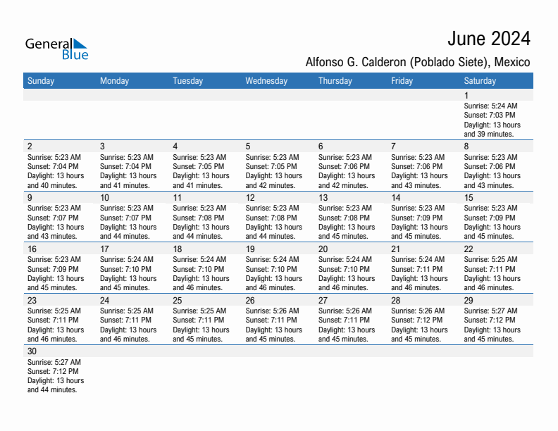 Alfonso G. Calderon (Poblado Siete) June 2024 sunrise and sunset calendar in PDF, Excel, and Word