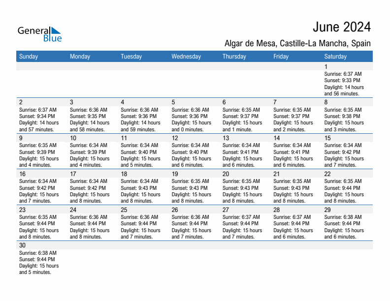 Algar de Mesa June 2024 sunrise and sunset calendar in PDF, Excel, and Word