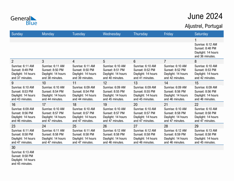 Aljustrel June 2024 sunrise and sunset calendar in PDF, Excel, and Word