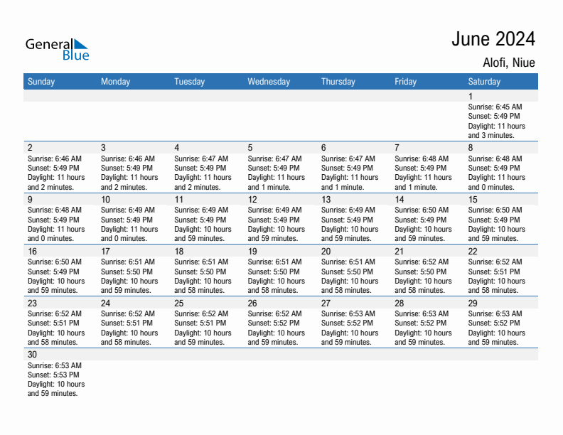 Alofi June 2024 sunrise and sunset calendar in PDF, Excel, and Word