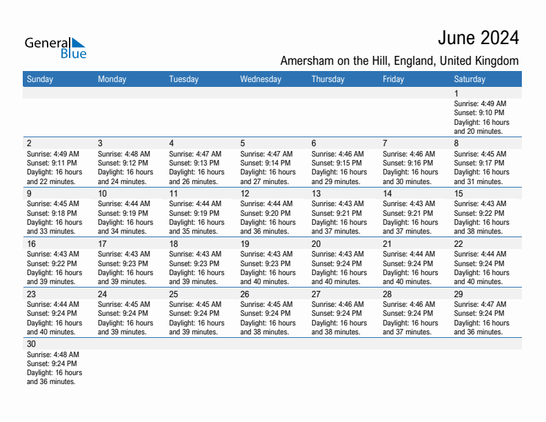 Amersham on the Hill June 2024 sunrise and sunset calendar in PDF, Excel, and Word